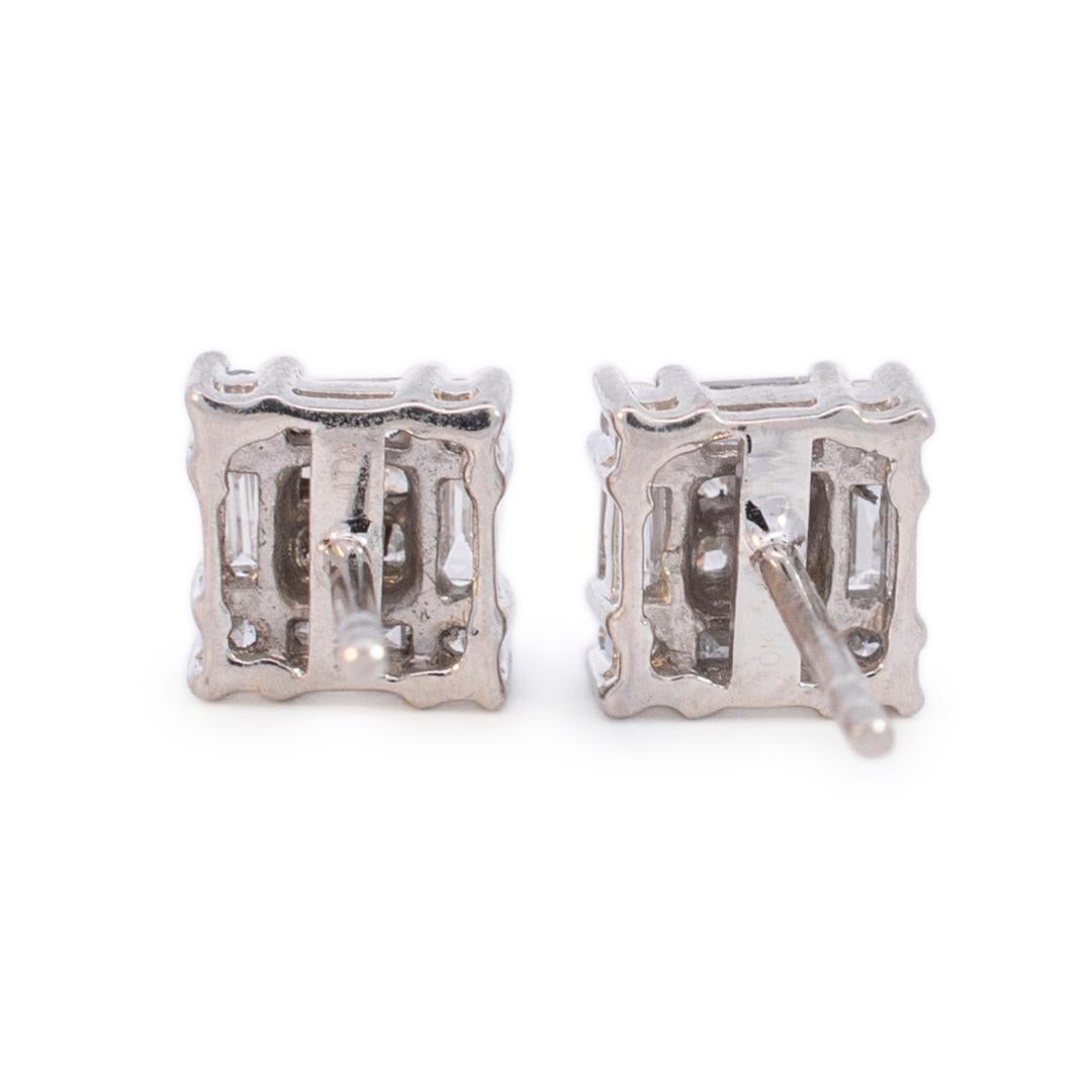 Ladies 10K White Gold Squared Diamond Stud Earrings In Excellent Condition For Sale In Houston, TX