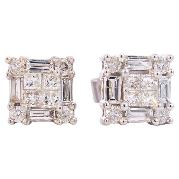 Boucles d'oreilles pour dames en or blanc 10K avec diamants carrés en vente