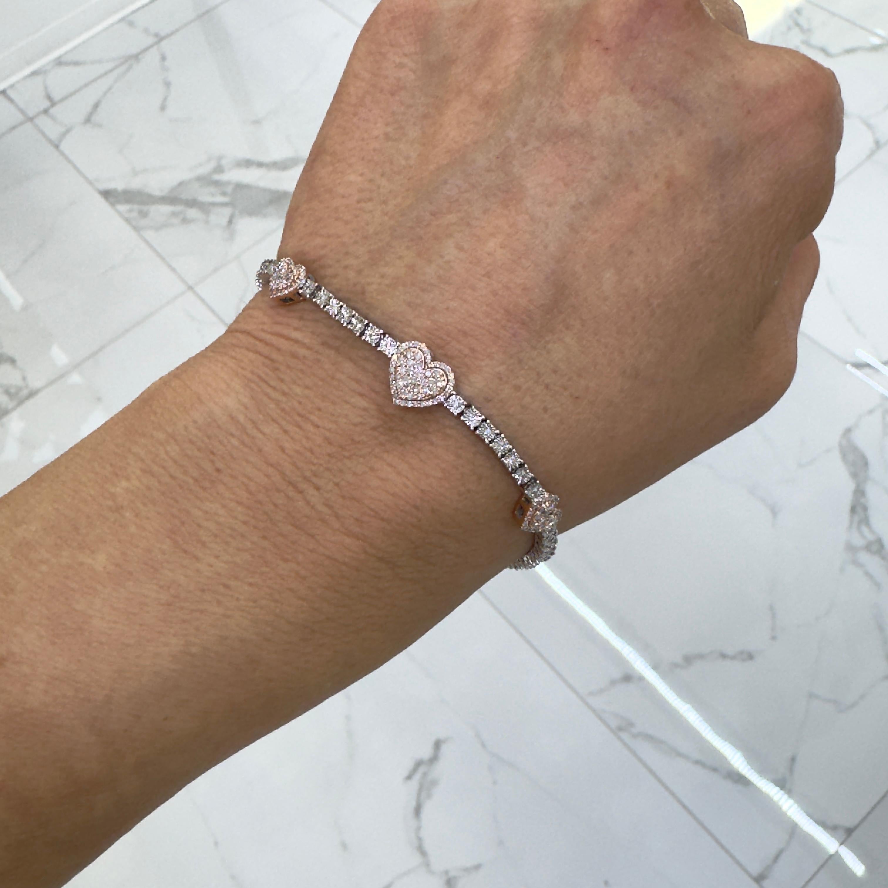 Damen-Tennisarmband, 10 Karat Weiß- und Roségold, Pavé-Diamant-Herz-Station 2
