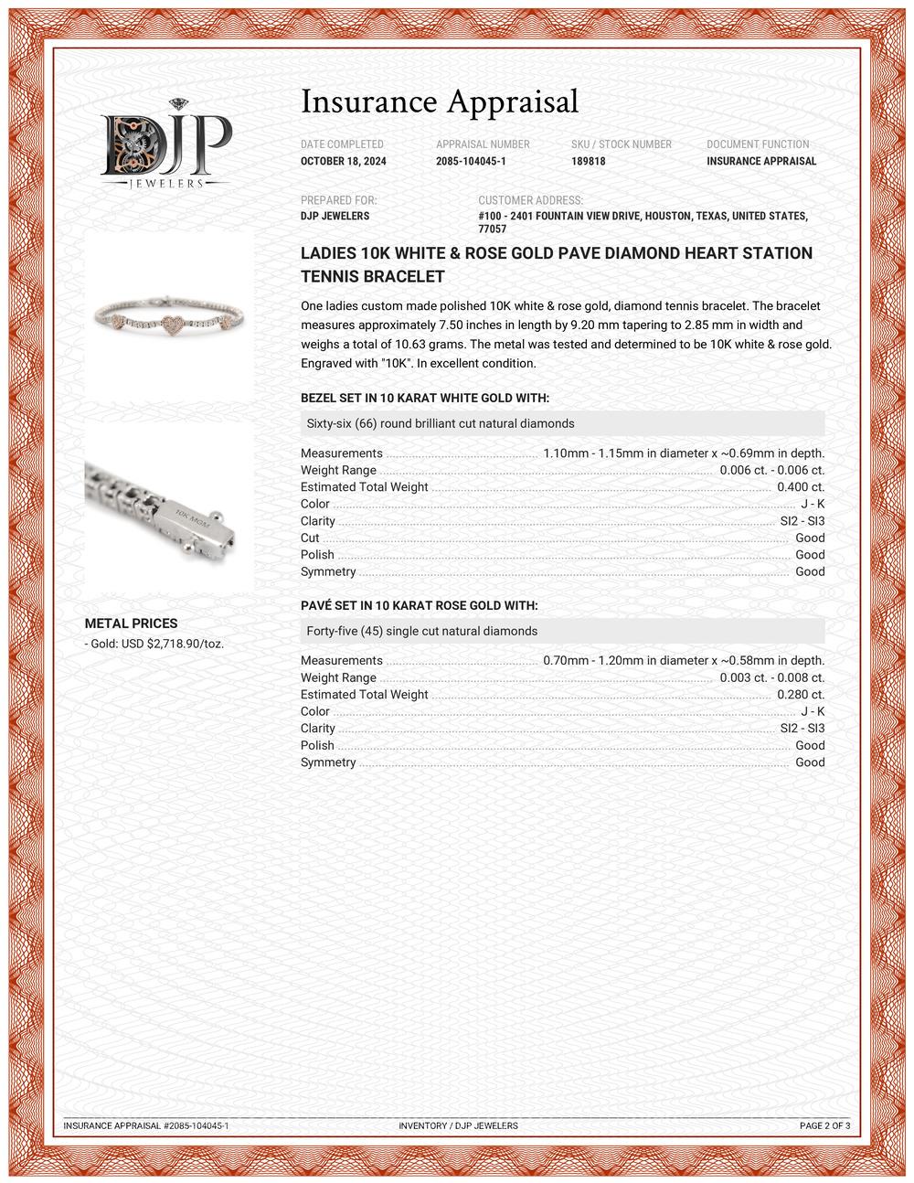 Damen-Tennisarmband, 10 Karat Weiß- und Roségold, Pavé-Diamant-Herz-Station 3