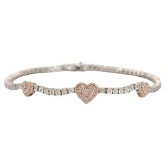 Damen-Tennisarmband, 10 Karat Weiß- und Roségold, Pavé-Diamant-Herz-Station