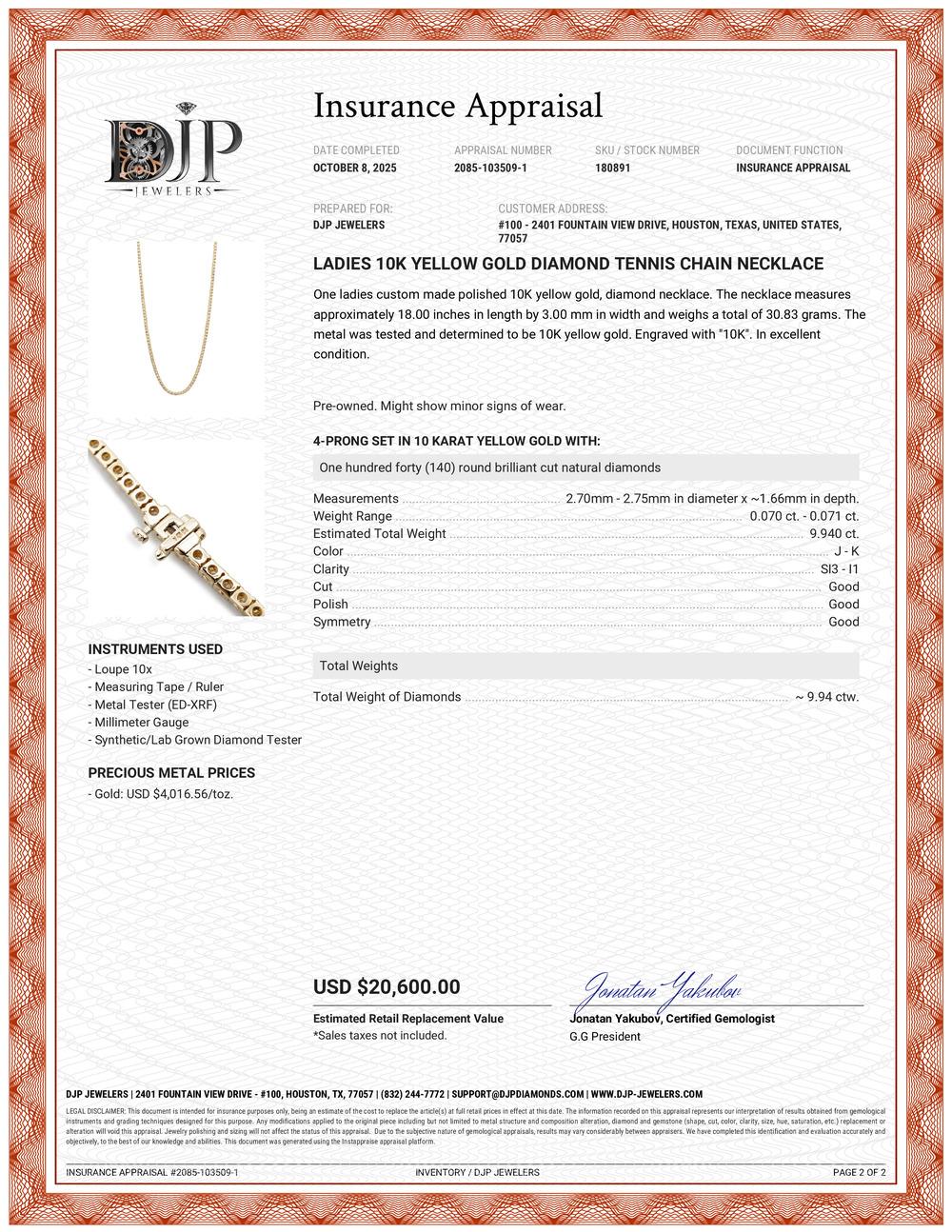 Collar de cadena de tenis de diamantes de oro amarillo de 10 quilates para señora en venta 1