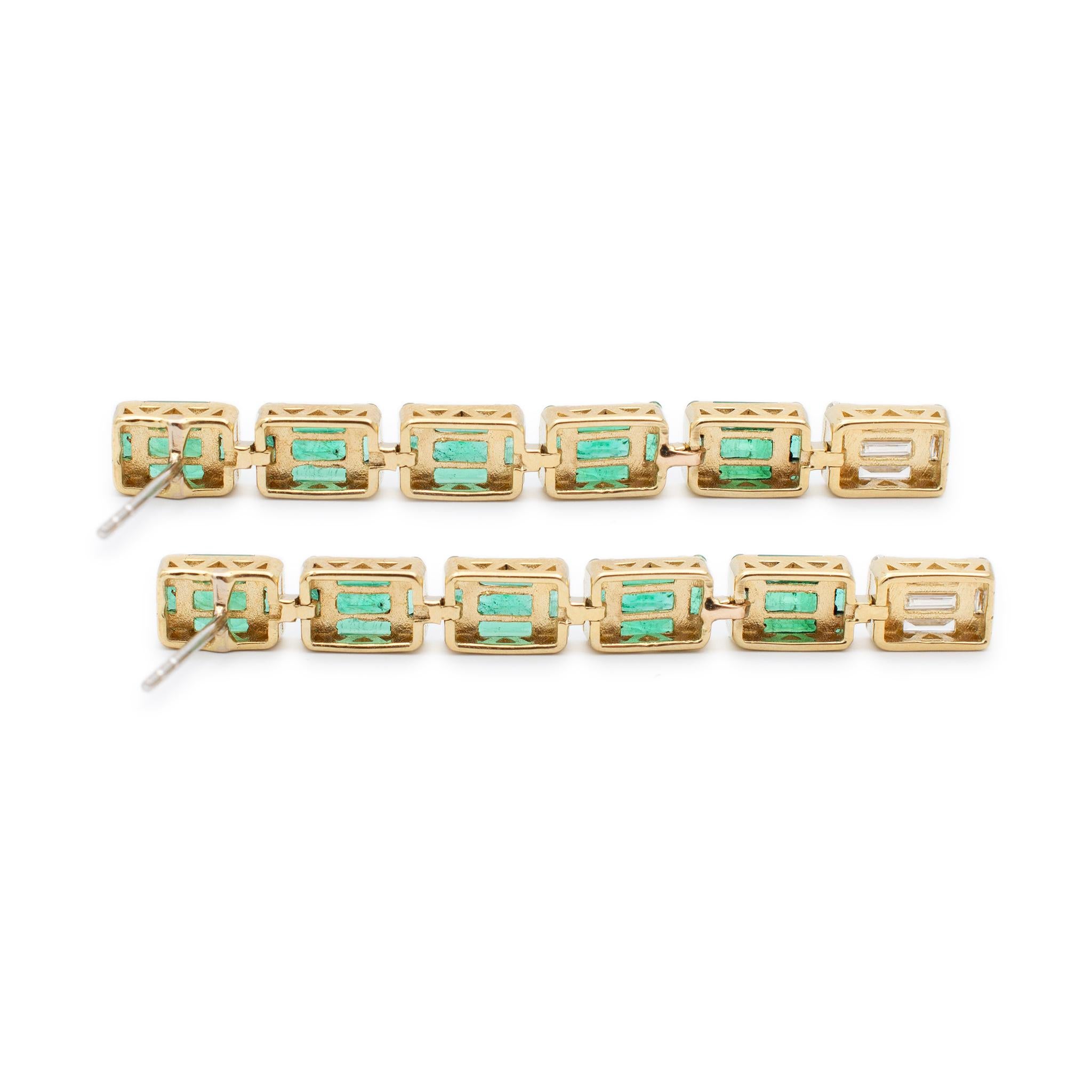 Ladies 10K Yellow Gold Emeralds & Diamonds Dangle Drop Earrings For Sale 1
