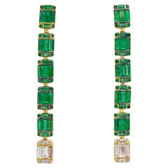 Ladies 10K Yellow Gold Emeralds & Diamonds Dangle Drop Earrings