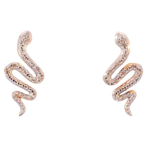 Ladies 10K Yellow Gold Snake Diamond Stud Earrings For Sale