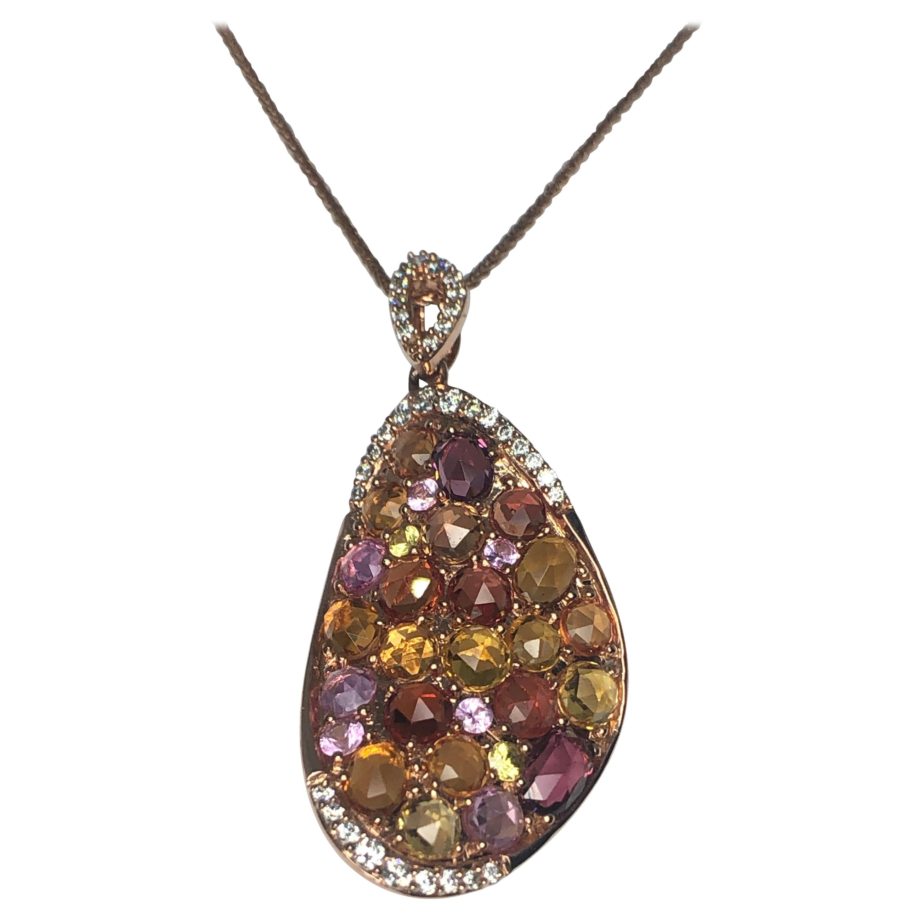 Ladies 14 Karat Rose Gold Diamond and Multicolored Stone Pendant For Sale