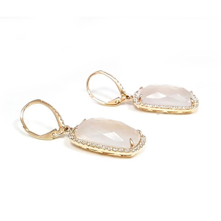 Modern Ladies 14 Karat Rose Gold Mother Pearl and Round Diamond Drop Earring For Sale
