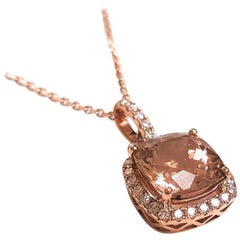 Ladies 14 Karat Rose Gold Peachy Morganite and Diamonds Pendant