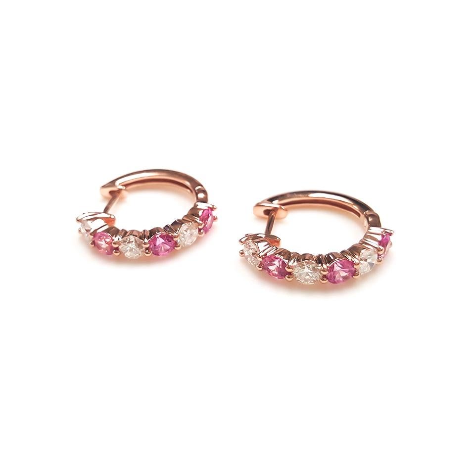 Modern Ladies 14 Karat Rose Gold Round Pink Sapphire Alternate Hoop Earring For Sale