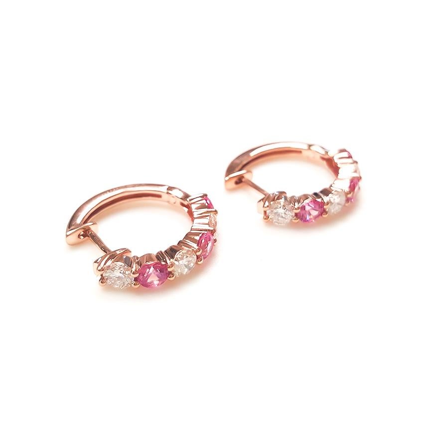 Round Cut Ladies 14 Karat Rose Gold Round Pink Sapphire Alternate Hoop Earring For Sale