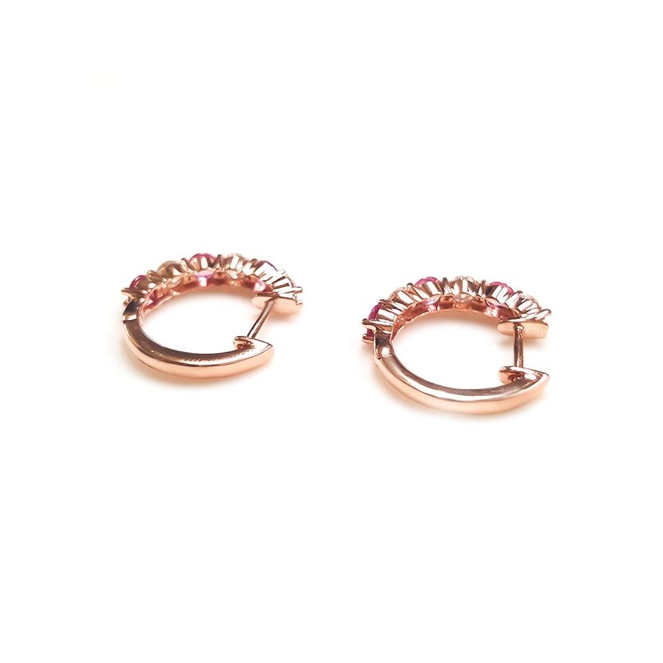 Ladies 14 Karat Rose Gold Round Pink Sapphire Alternate Hoop Earring In New Condition For Sale In New York, NY