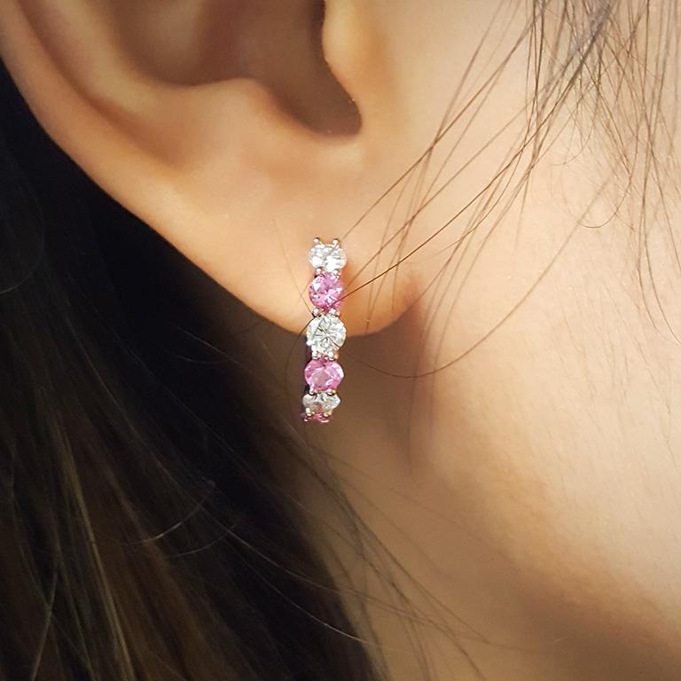 Women's Ladies 14 Karat Rose Gold Round Pink Sapphire Alternate Hoop Earring For Sale