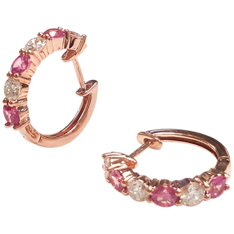 Ladies 14 Karat Rose Gold Round Pink Sapphire Alternate Hoop Earring For Sale