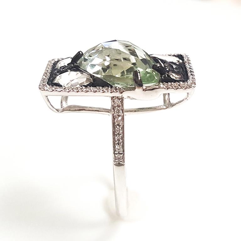Artist Ladies 14 Karat White Gold Green Amethyst and Diamond Ring
