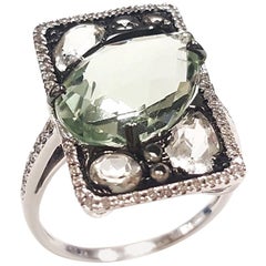 Ladies 14 Karat White Gold Green Amethyst and Diamond Ring
