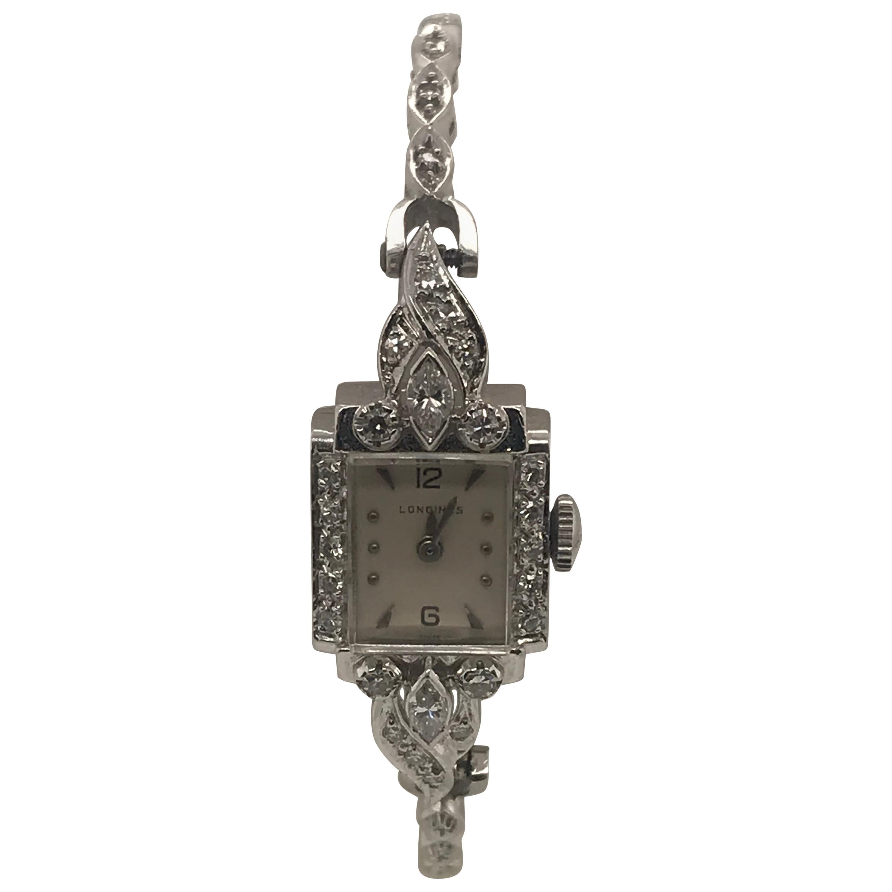 Ladies 14 Karat White Gold and Diamond Longines Wittnauer Estate Timepiece For Sale