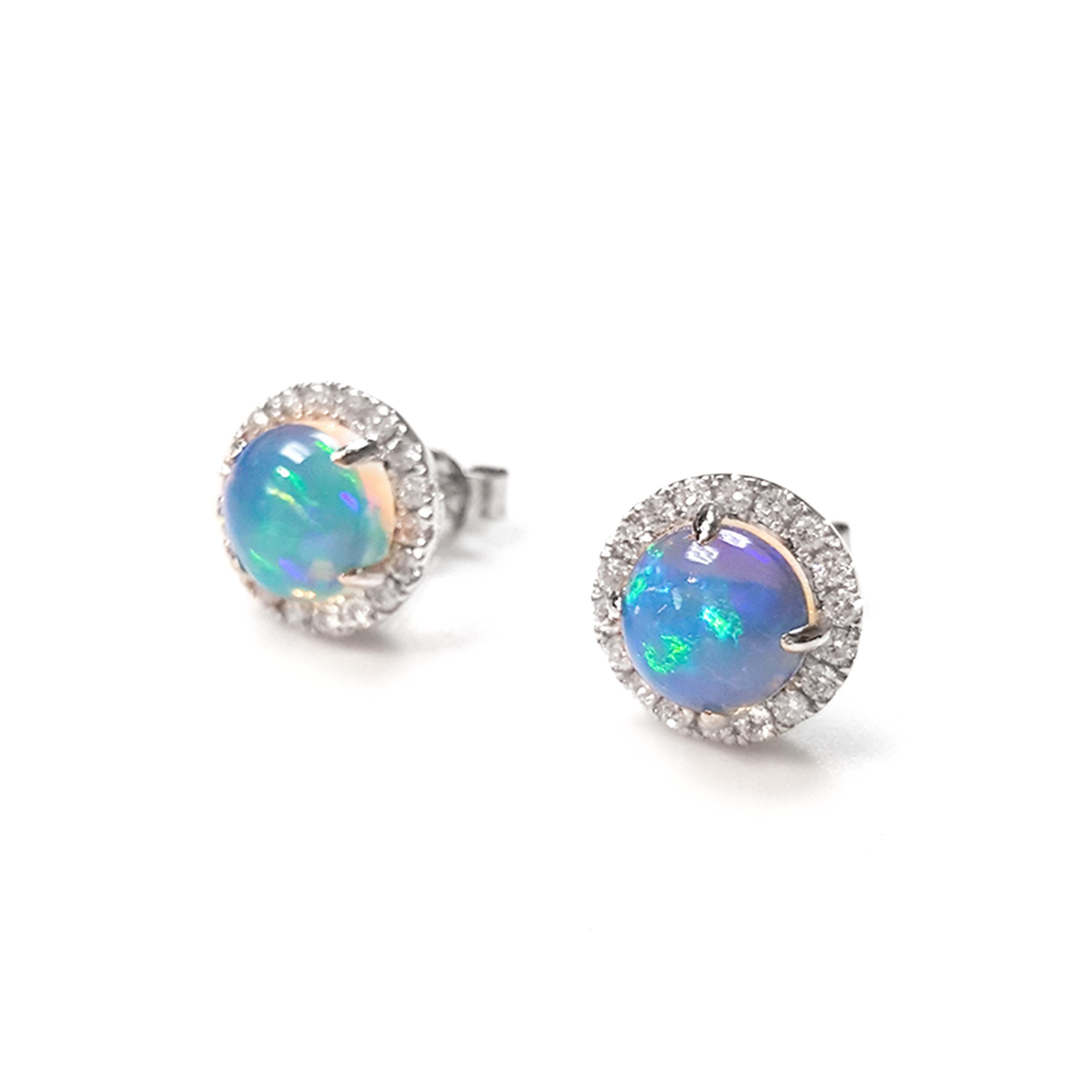 Contemporary Ladies 14 Karat White Gold Opal and Diamonds Stud Earring For Sale