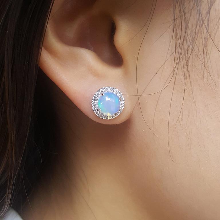 Women's Ladies 14 Karat White Gold Opal and Diamonds Stud Earring For Sale