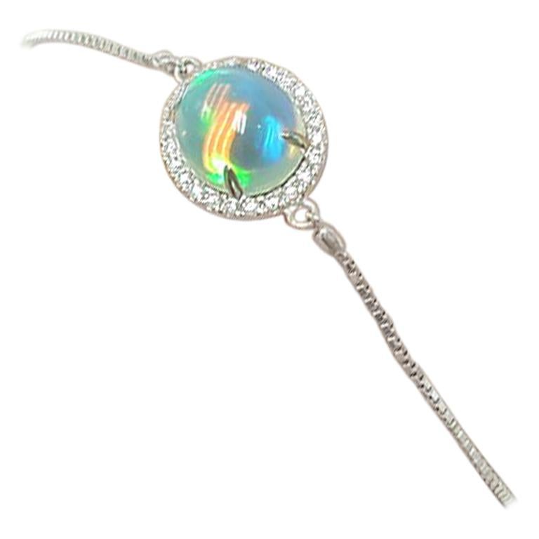 Ladies 14 Karat White Gold Oval Opal and Diamond Rolo Bracelet For Sale