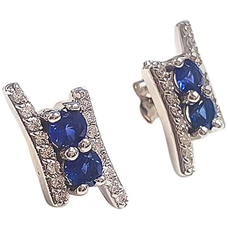 Ladies 14 Karat White Gold Round Sapphire and Round Diamond Earring For Sale