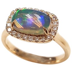 Ladies 14 Karat Yellow Gold Ethiopian Opal and Diamonds Ring