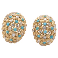Vintage Ladies 14 Kt. Yellow Gold, Diamond and Turquoise Earrings