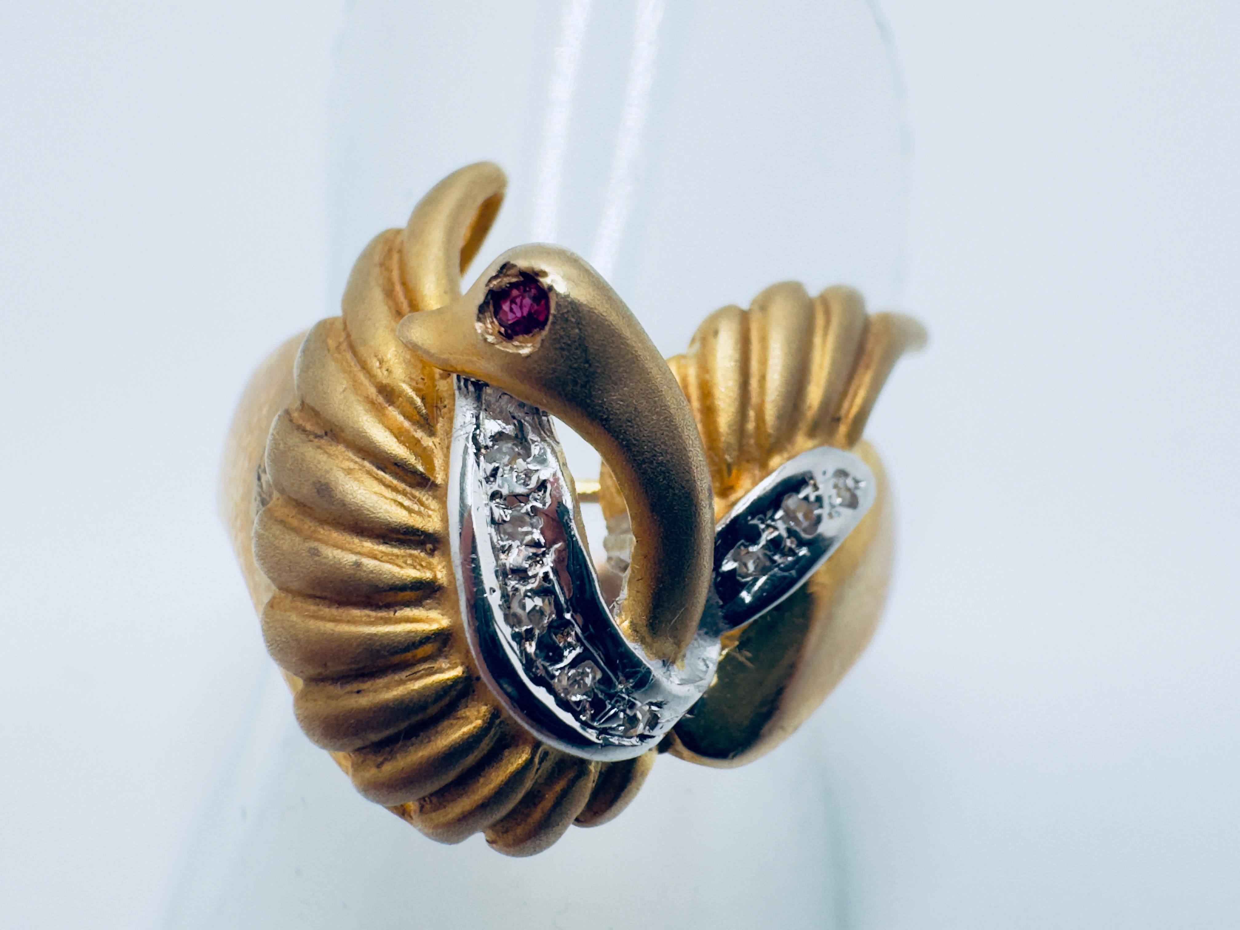 Art Deco Ladies 14K Diamond & Rudy Swan Ring For Sale