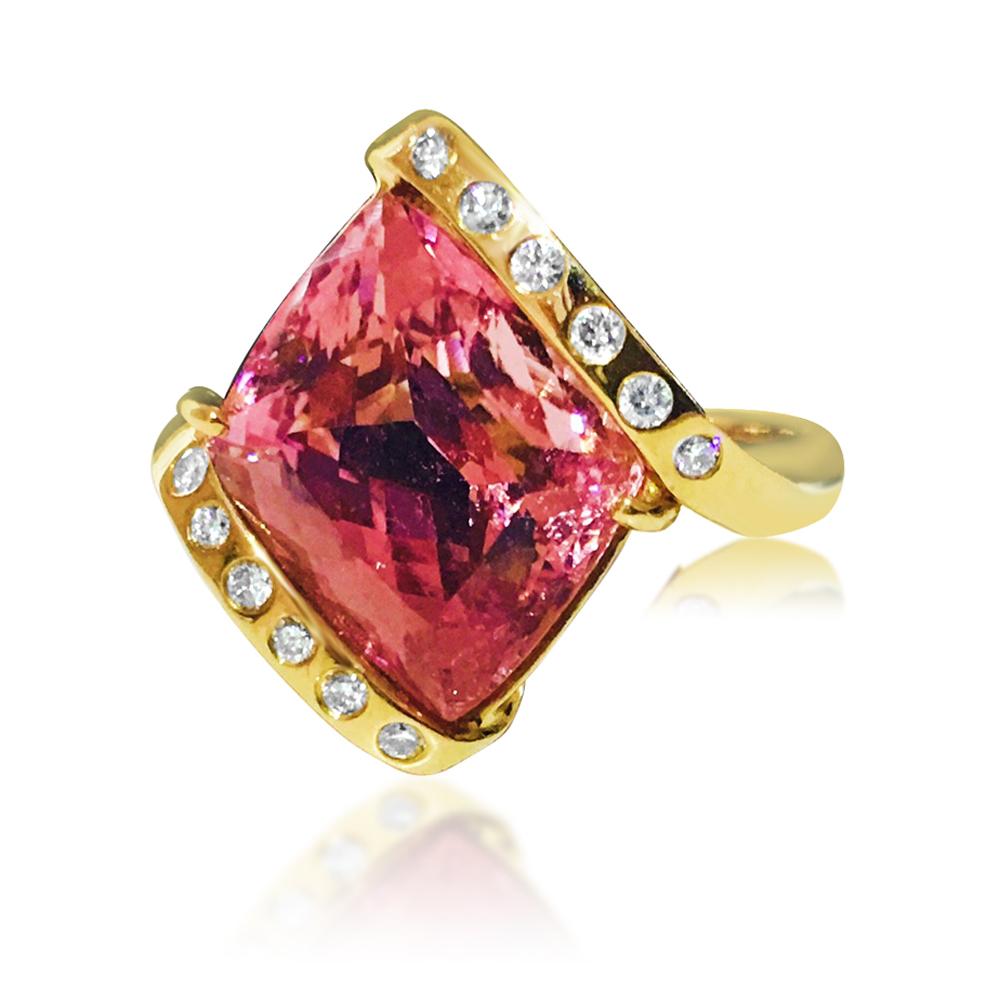 A dazzling symphony of elegance and craftsmanship, this 14k yellow gold ring boasts an 8.00-carat fancy-cut kunzite, a 100% natural earth-mined gem. Accentuating its allure are 0.36 carats of VS clarity, F-G color round brilliant cut diamonds, set