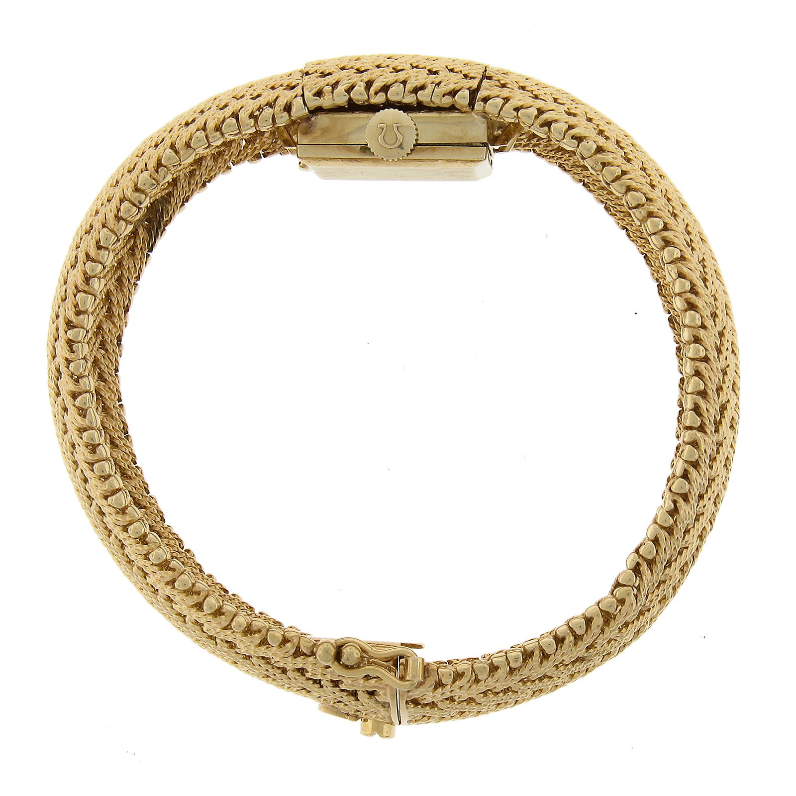 Ladies 14k Gold Omega Hidden Wrist Watch w/ Chevron Weave Link Wide Bracelet For Sale 5