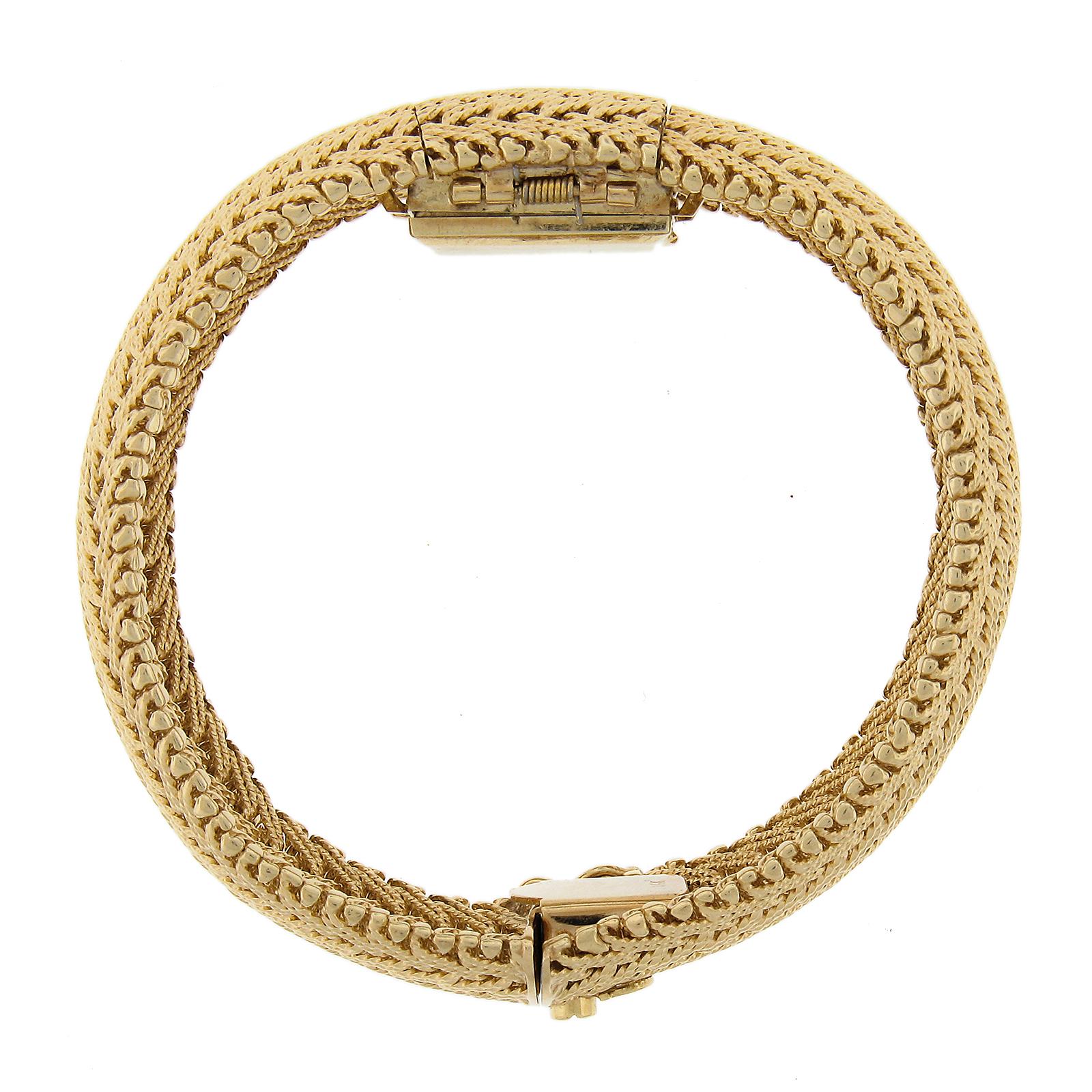 Ladies 14k Gold Omega Hidden Wrist Watch w/ Chevron Weave Link Wide Bracelet en vente 7