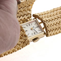 Ladies 14k Gold Omega Hidden Wrist Watch w/ Chevron Weave Link Wide Bracelet