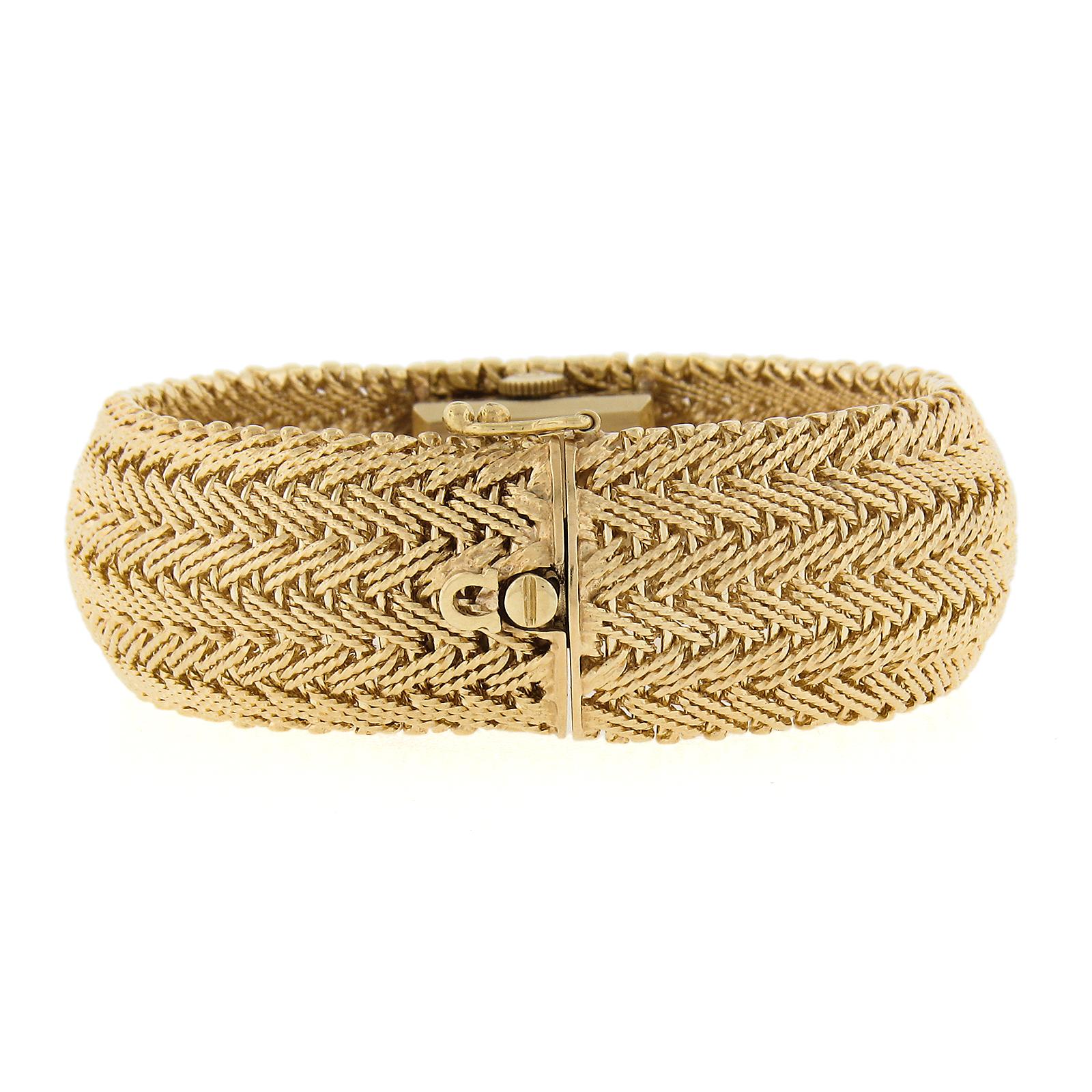 Ladies 14k Gold Omega Hidden Wrist Watch w/ Chevron Weave Link Wide Bracelet For Sale 1