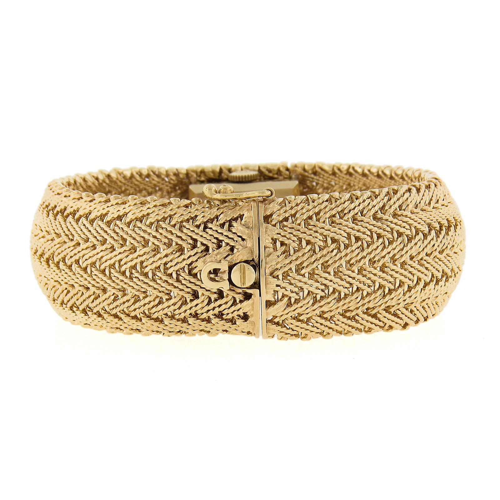 Women's Ladies 14k Gold Omega Hidden Wrist Watch w/ Chevron Weave Link Wide Bracelet