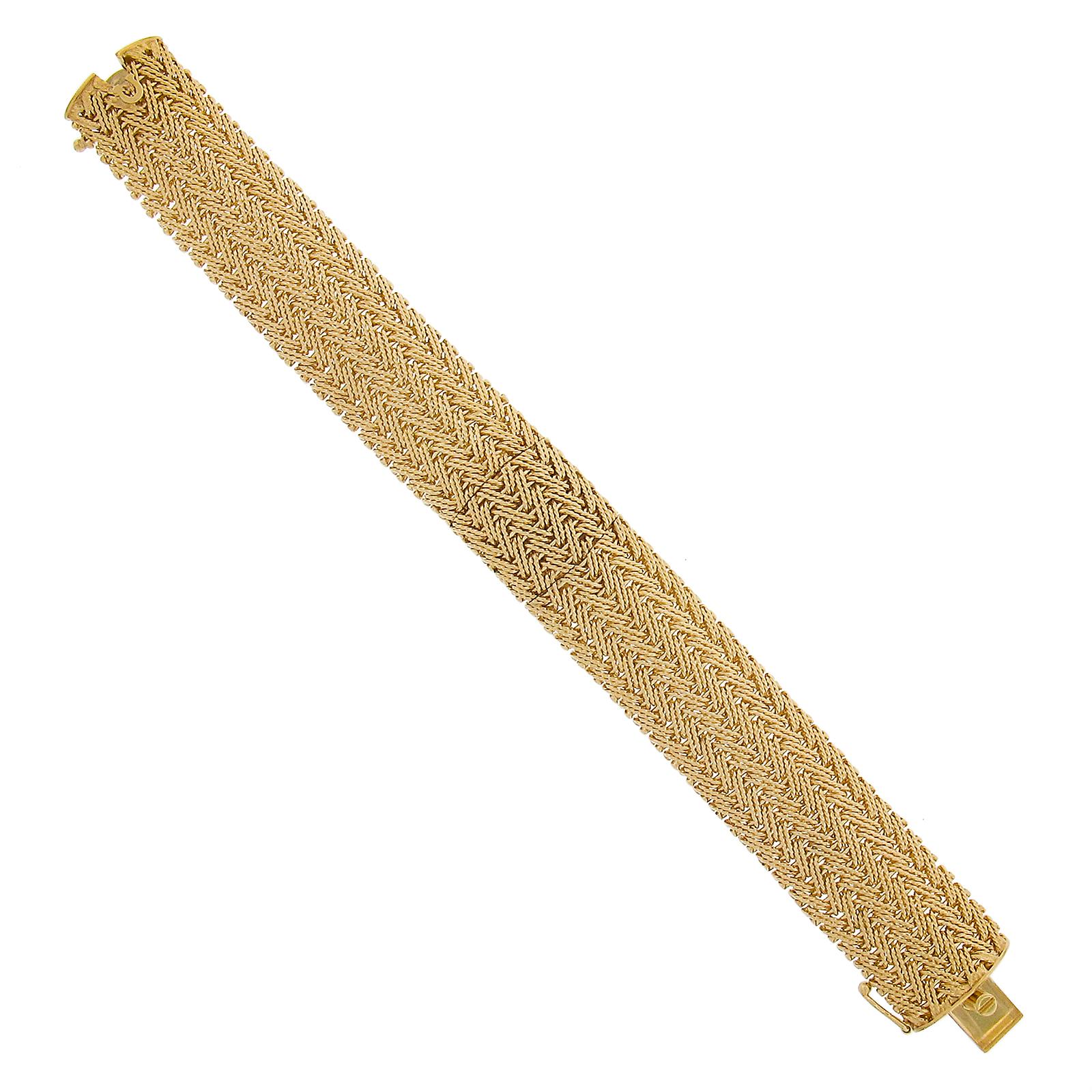 Ladies 14k Gold Omega Hidden Wrist Watch w/ Chevron Weave Link Wide Bracelet For Sale 2
