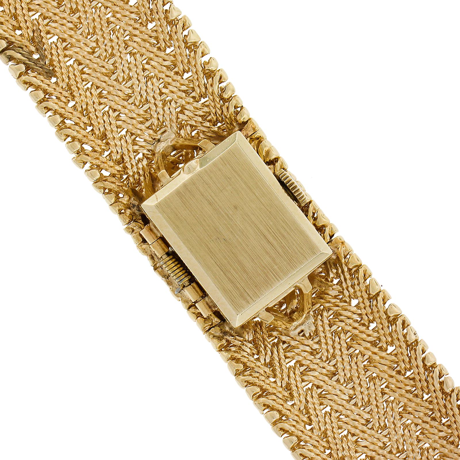 Ladies 14k Gold Omega Hidden Wrist Watch w/ Chevron Weave Link Wide Bracelet For Sale 3