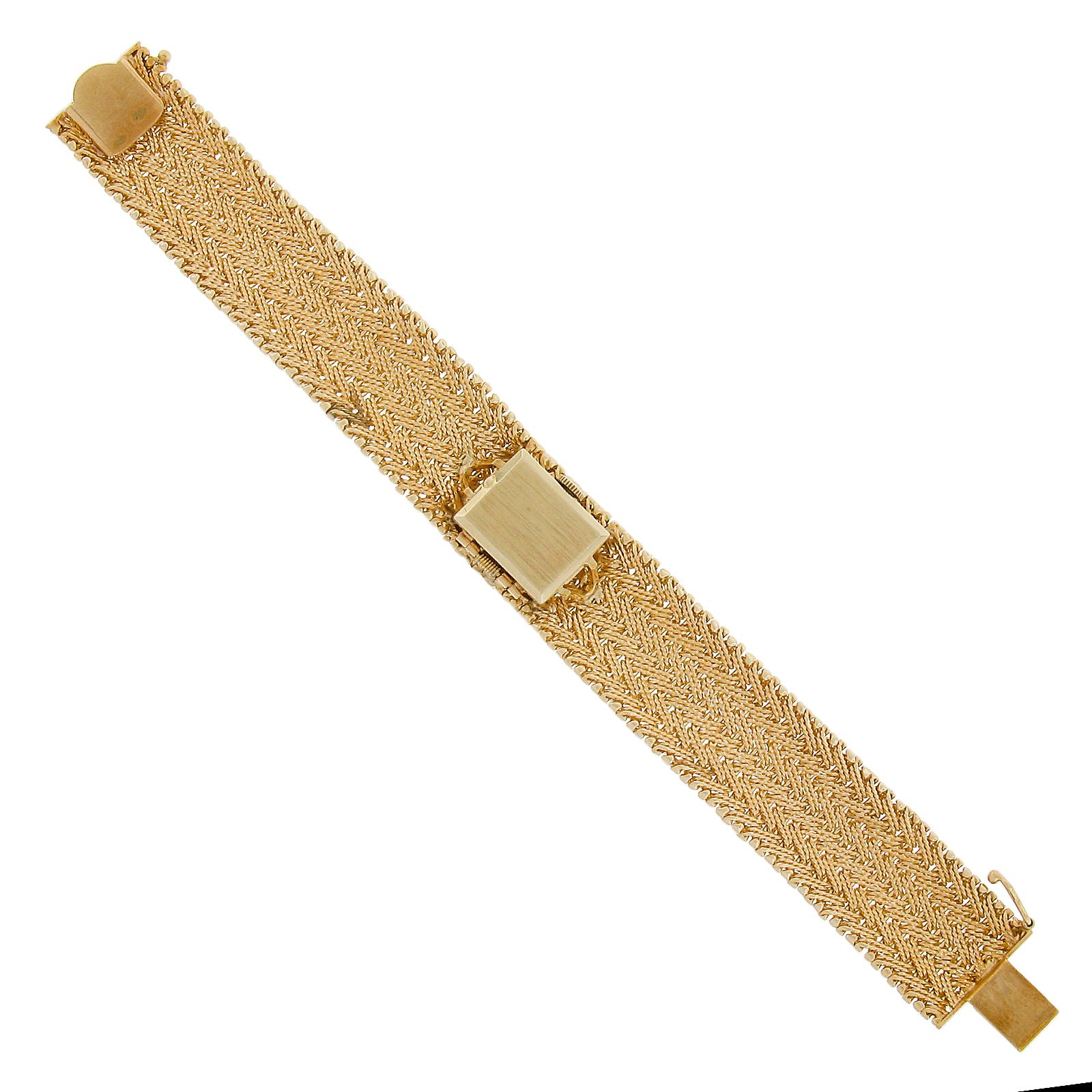 Ladies 14k Gold Omega Hidden Wrist Watch w/ Chevron Weave Link Wide Bracelet For Sale 4