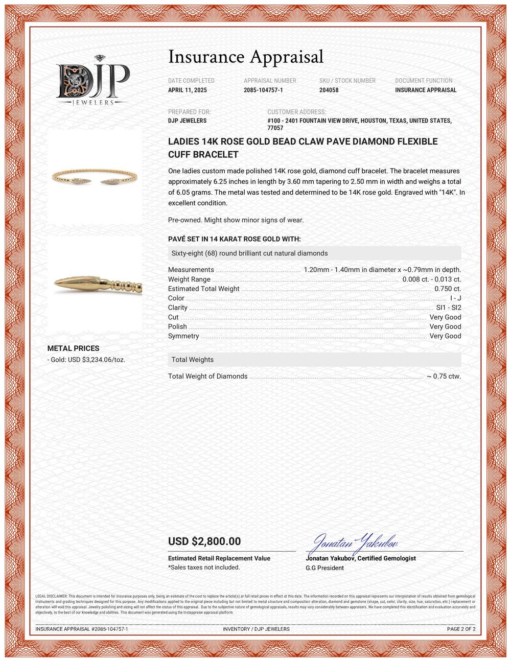 Ladies 14K Rose Gold Bead Claw Pave Diamond Flexible Cuff Bracelet For Sale 2