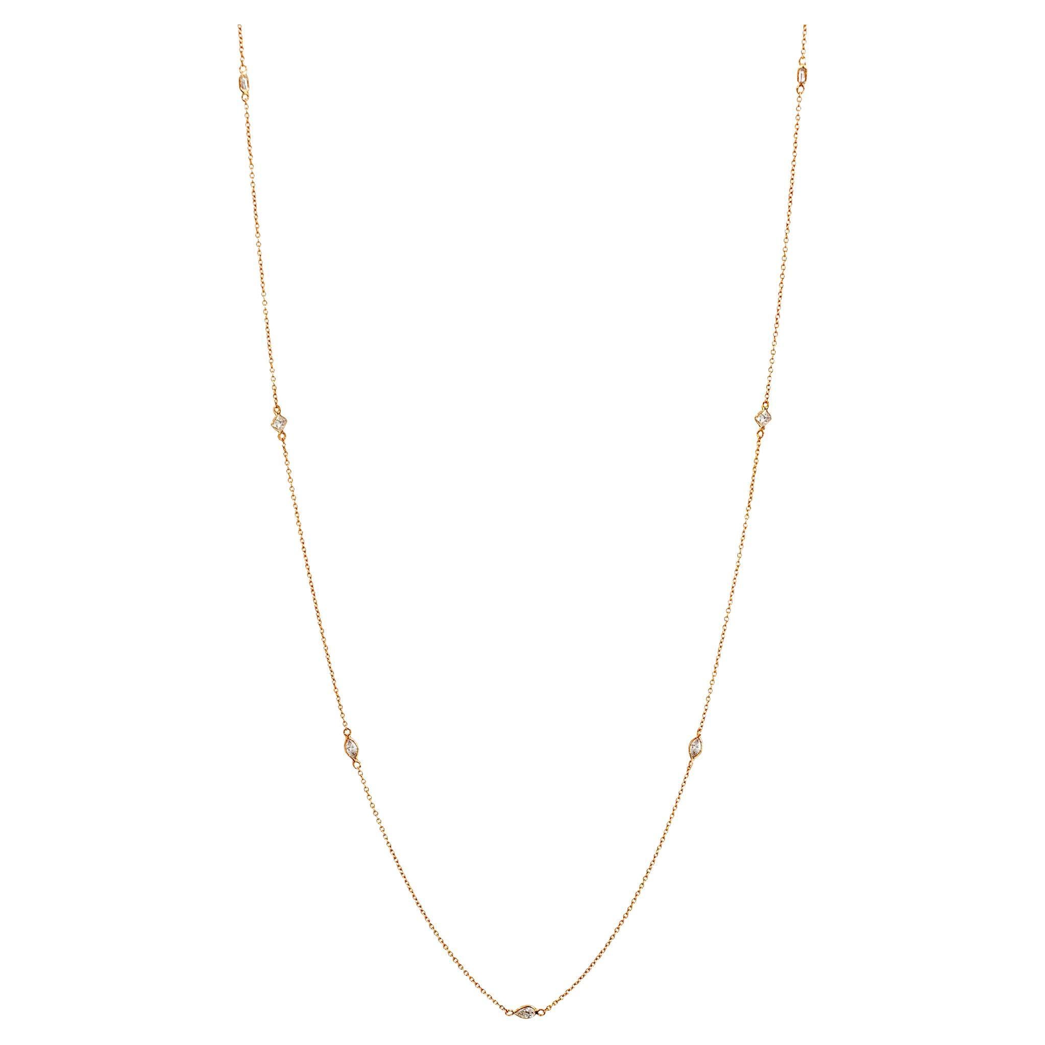 Ladies 14K Rose Gold by the Yard Mixed Cut Diamond Station Chain Necklace