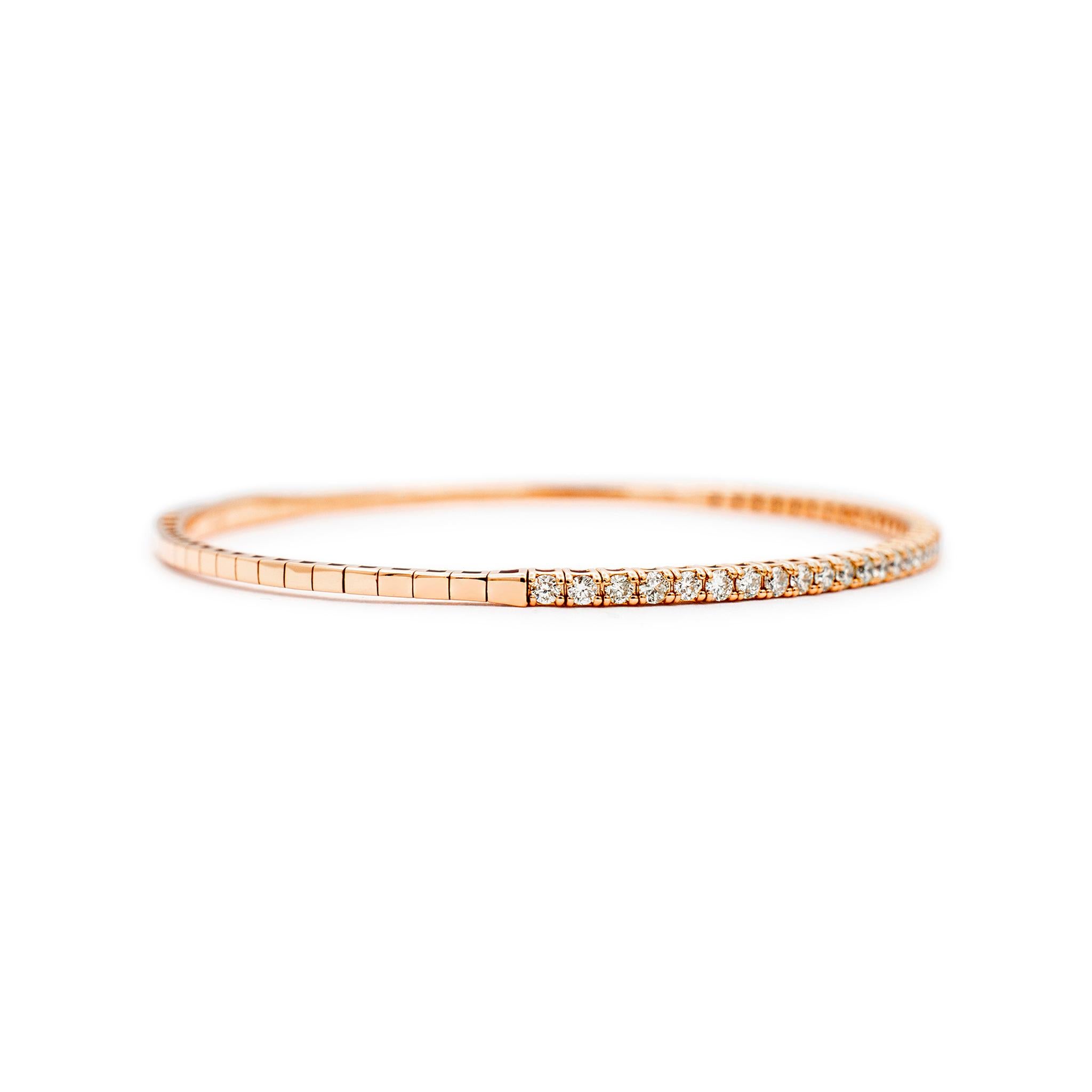 Taille ronde Bracelet tennis flexible pour femmes en or rose 14 carats avec diamants 1,07 carat en vente