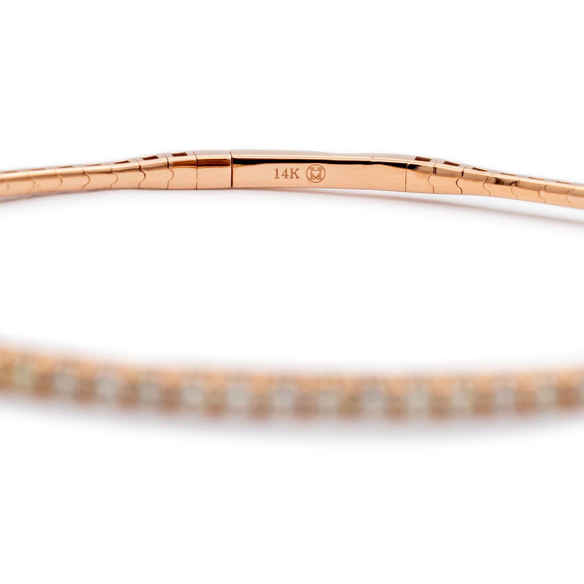 Ladies 14K Rose Gold Flexible 1.07ct Diamond Tennis Bracelet In Excellent Condition For Sale In Houston, TX