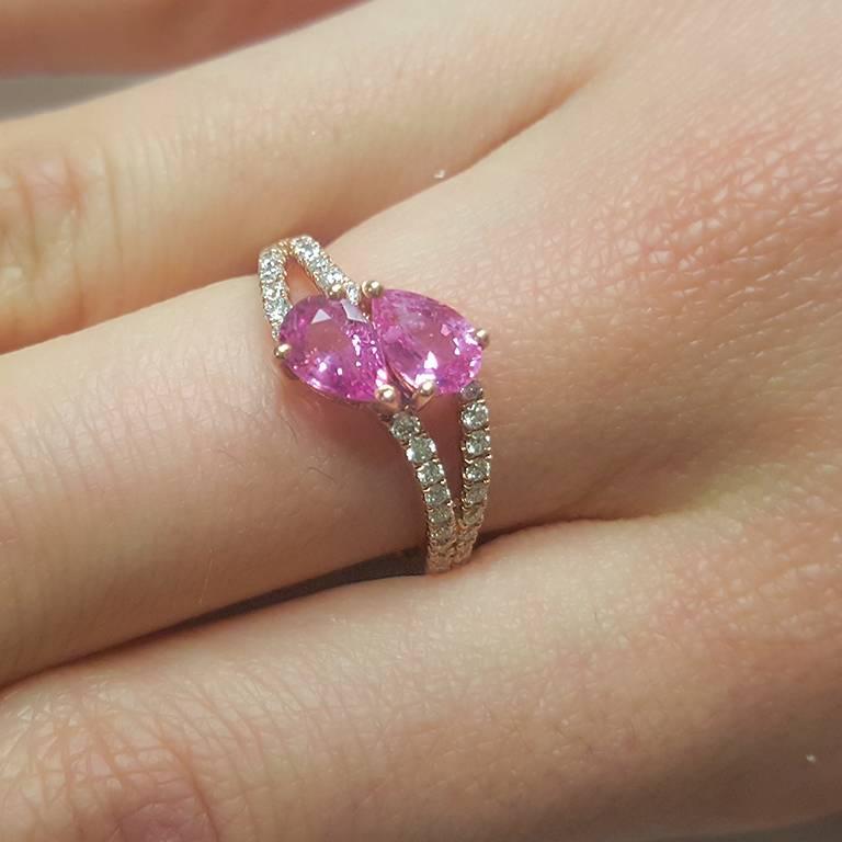 Pear Cut Ladies 14 Karat Rose Gold Pink Sapphire and Diamonds Ring For Sale