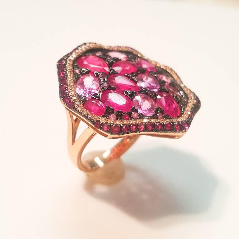 This Ladies 14k Rose Gold Pink Sapphire and Rubies Ring with Diamonds has 4.33 carats of Perfectly Matched Pink Sapphire, 2.26 carats of Rubies and 0.19 carats of Diamonds