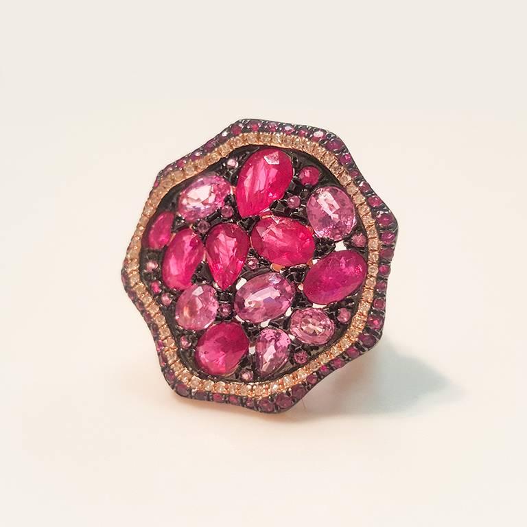 Modern Ladies 14 Karat Rose Gold Pink Sapphire and Rubies Ring with Diamonds For Sale