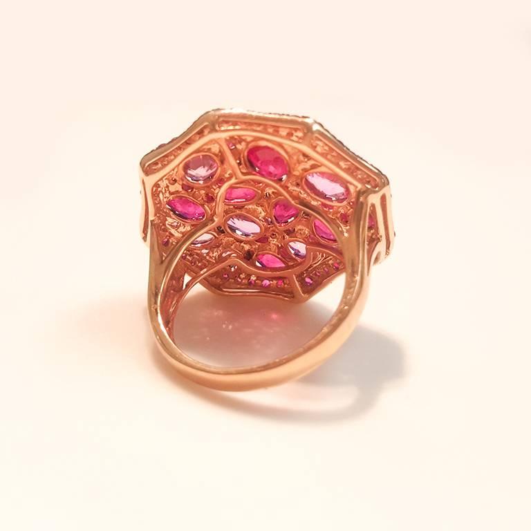 Ladies 14 Karat Rose Gold Pink Sapphire and Rubies Ring with Diamonds In New Condition For Sale In New York, NY