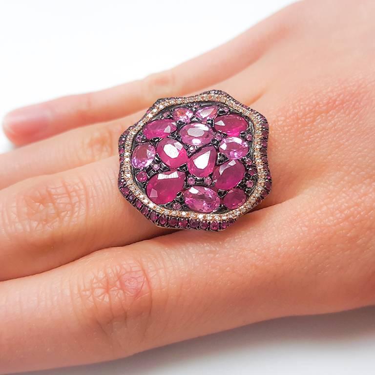 Women's Ladies 14 Karat Rose Gold Pink Sapphire and Rubies Ring with Diamonds For Sale