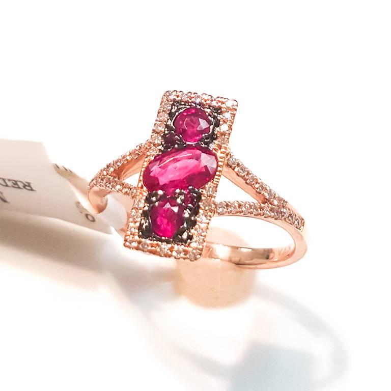 This Ladies 14k Rose Gold Rubies and Diamond Ring has 0.76 carats of Perfectly Matched Rubies and 0.17 carats of Diamonds.