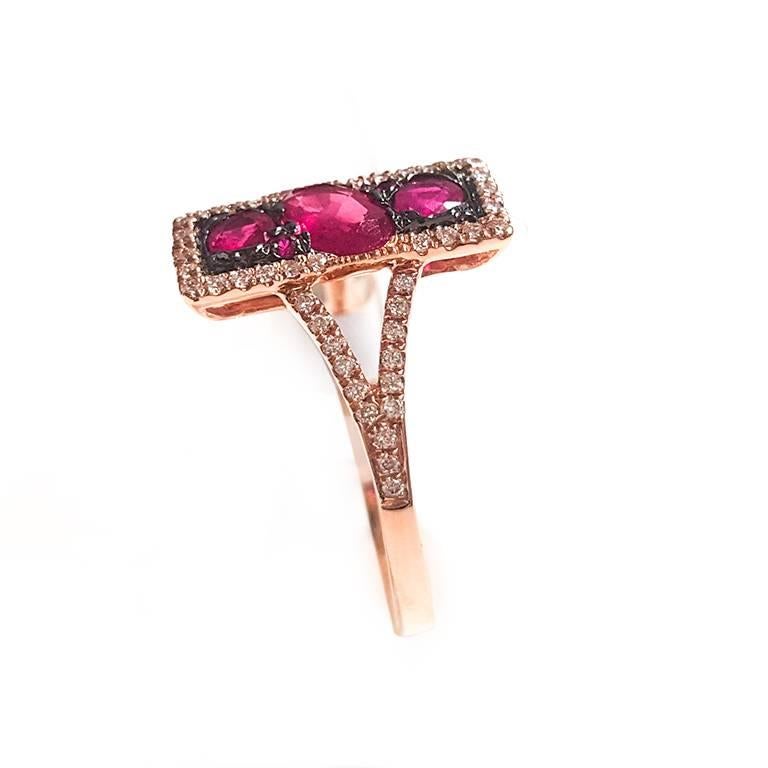 Modern Ladies 14 Karat Rose Gold Rubies and Diamond Ring For Sale