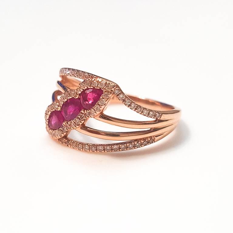 This Ladies 14k Rose Gold Rubies and Diamonds Ring has 0.60 carats of Perfectly Matched and 0.23 carats of Diamonds. 