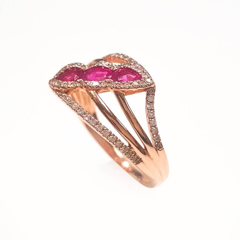 Contemporary Ladies 14 Karat Rose Gold Rubies and Diamonds Ring For Sale