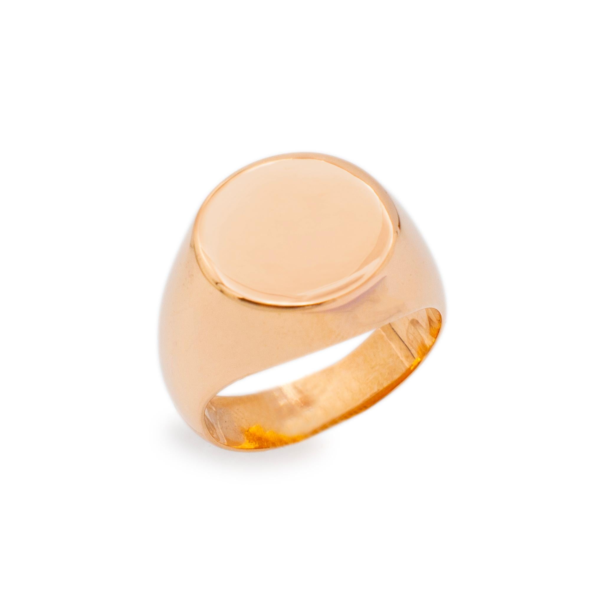 Gender: Ladies

Metal Type: 14K Rose Gold

Size: 6

Shank Maximum Width: 13.70 mm tapering to 4.65 mm

Weight: 15.68 grams

Ladies 14K rose gold signet ring with a tapered comfort-fit shank. The metal was tested and determined to be 14K rose